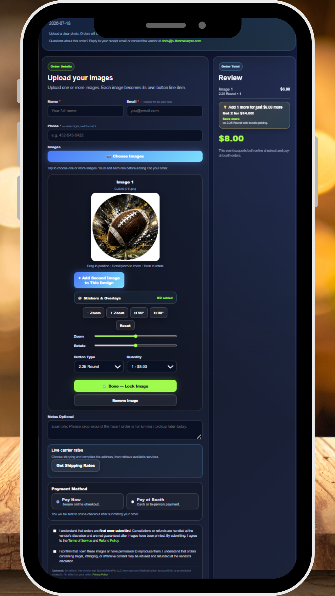 Customer mobile ordering and image preview experience