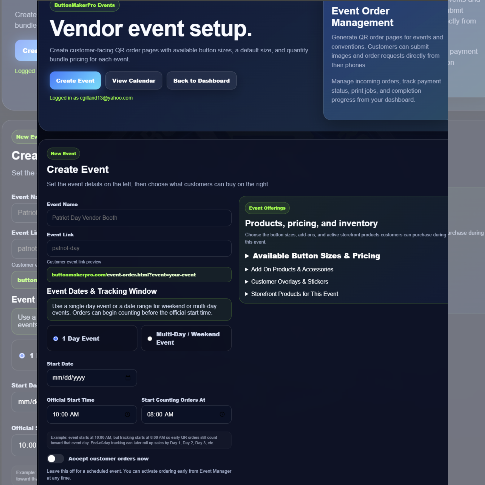 ButtonMakerPro vendor event setup page