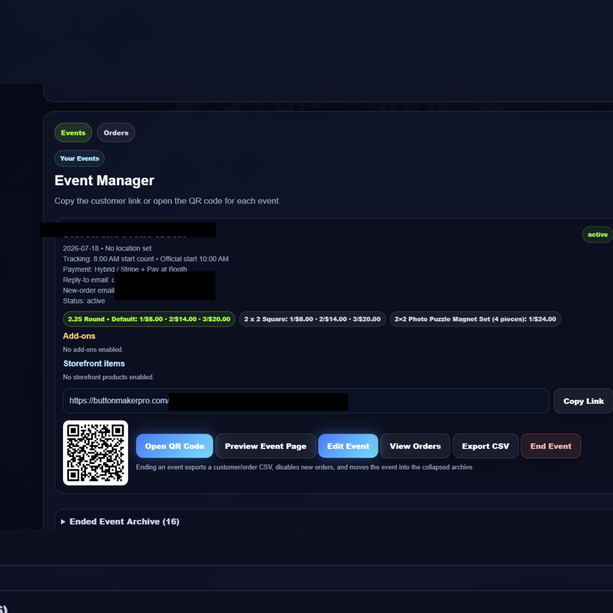 ButtonMakerPro live event order management