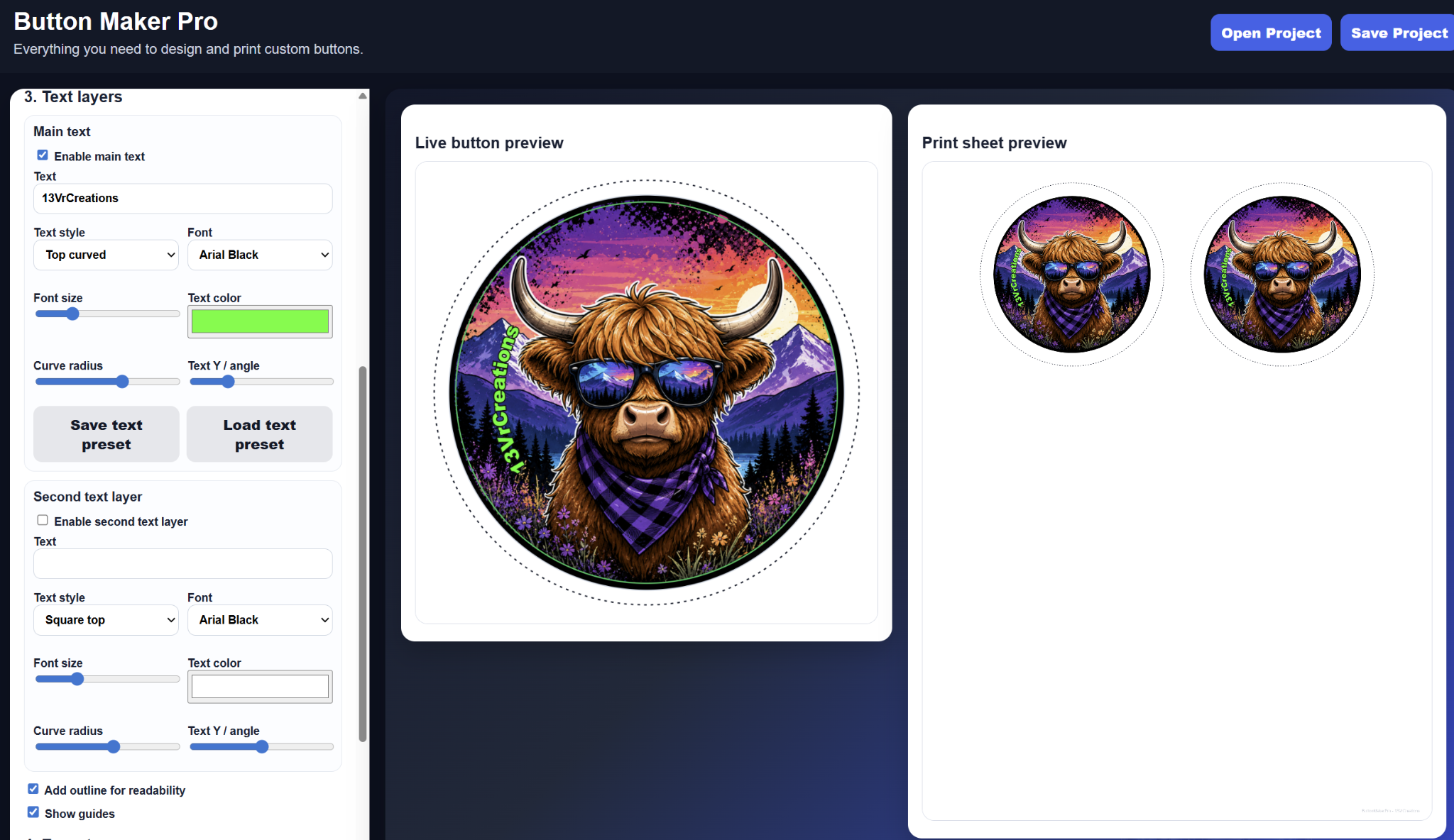 ButtonMakerPro sheet layout screen