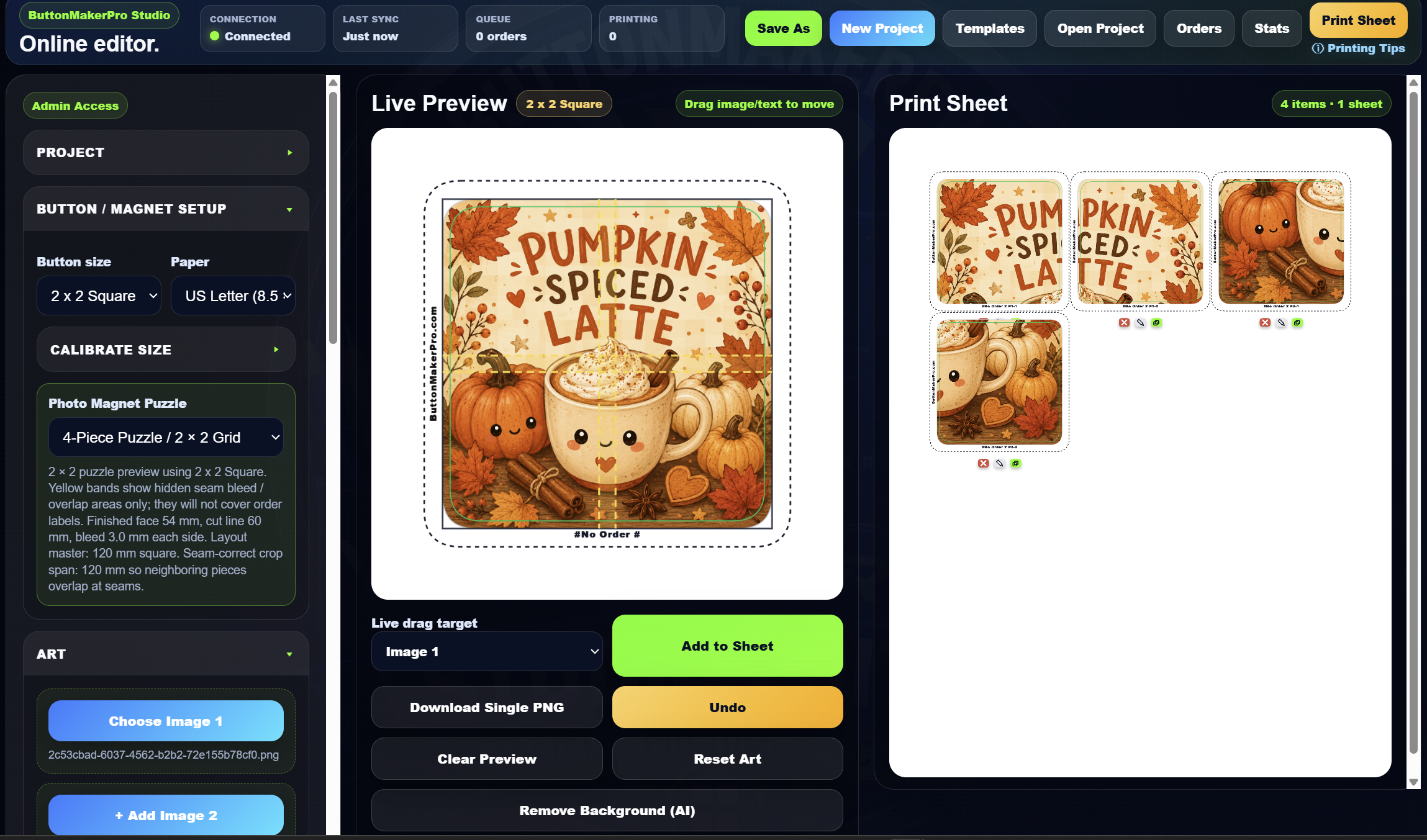 Examples of ButtonMakerPro 2 by 2 and 3 by 3 photo magnet puzzle layouts